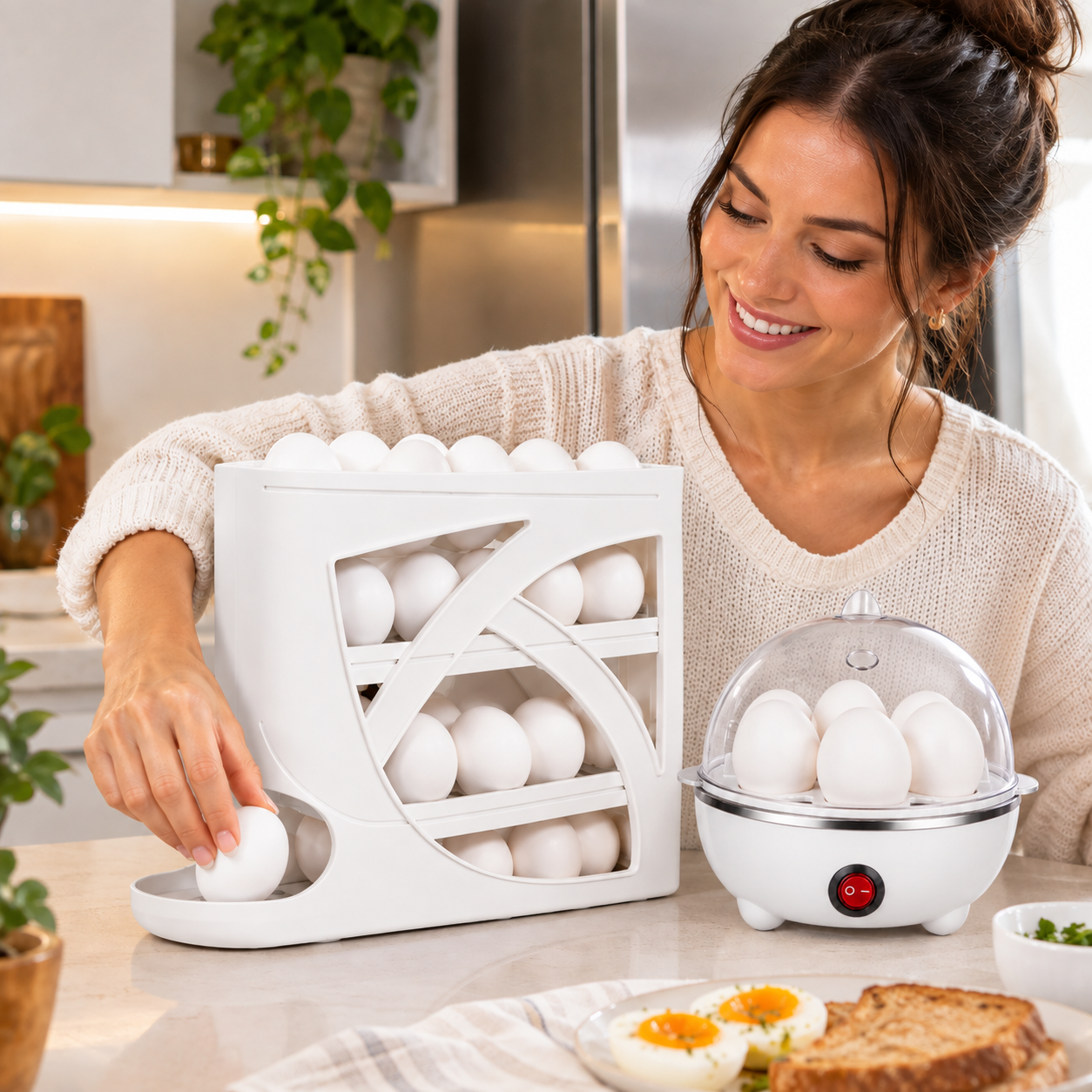 Dispenser porta ovos rolante com ovos organizados